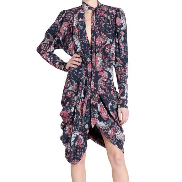 Isabel Marant Batoa Dress Navy Pink Floral Silk Crepe Long Sleeved Neck Tie NWOT - Picture 3 of 16